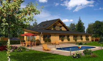 Interplay of shed and gable roofs. Access to the garage may be reconfigured.